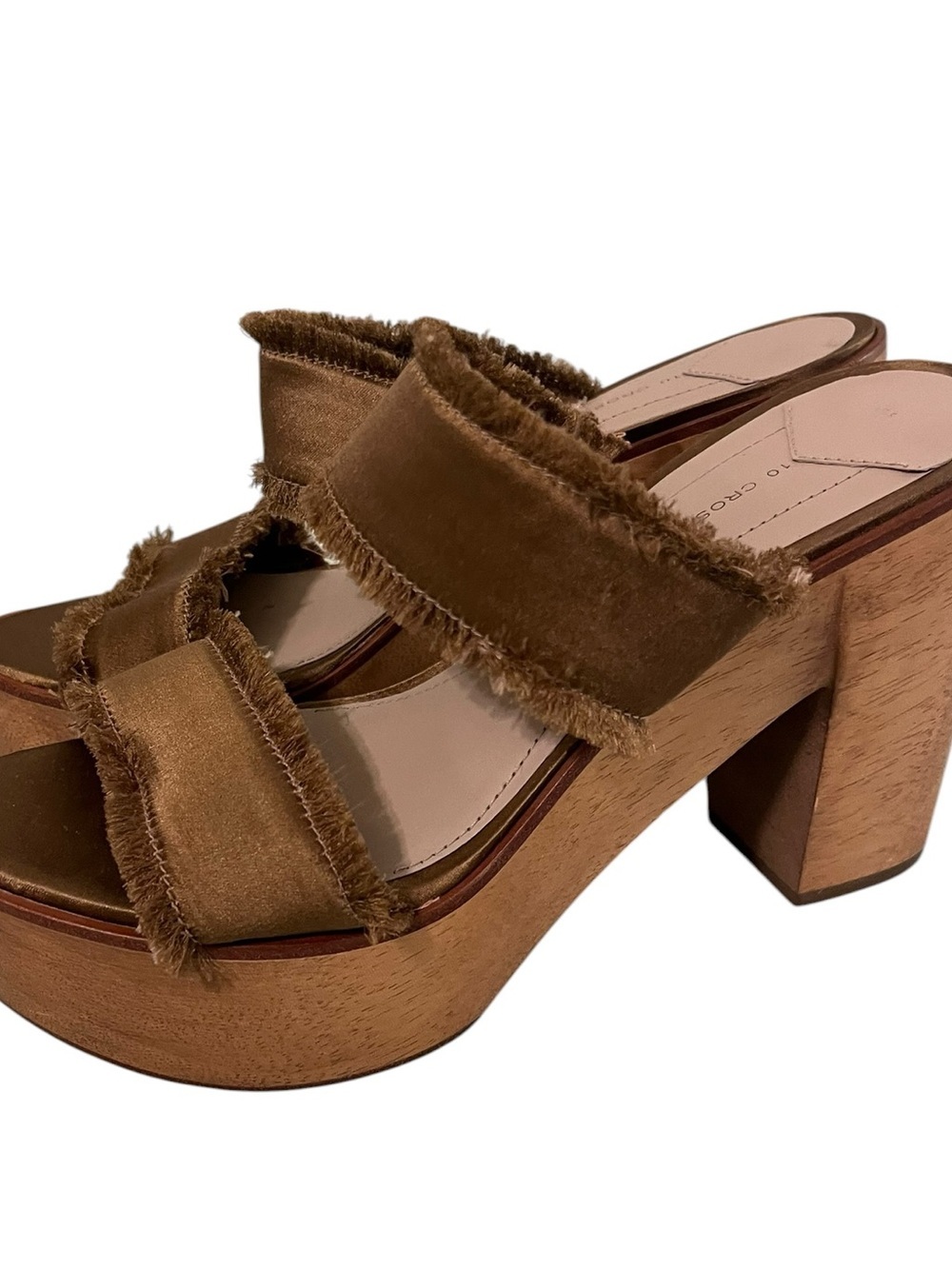 10 Crosby Derek Lam Platform Mule Sandals 7M Brown Fringe Wood Heel Boho Granola - Picture 3 of 10
